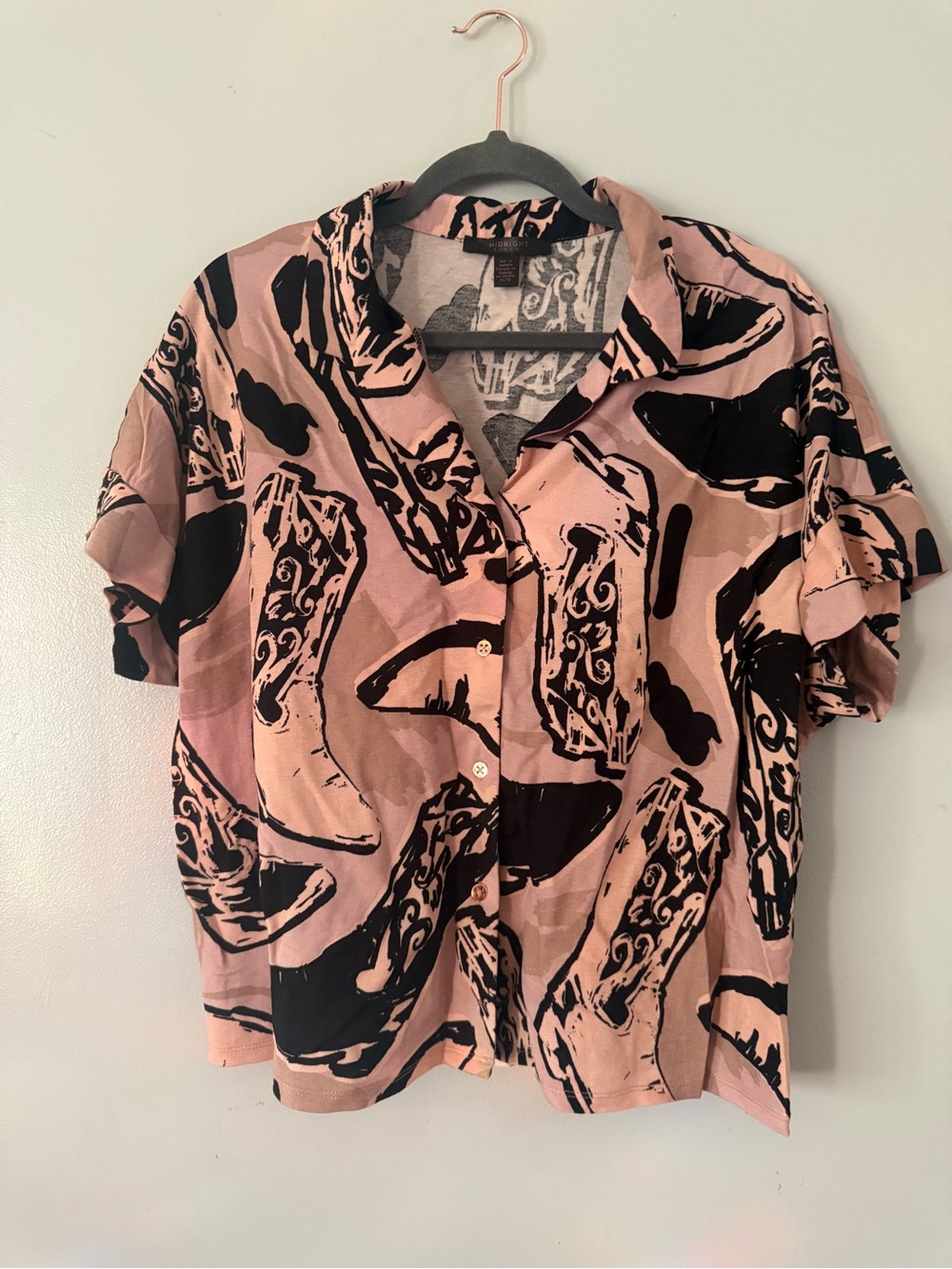 Midnight Bakery Pink Cowboy Boot Graphic Short Sleeve Boxy Button Up Shirt